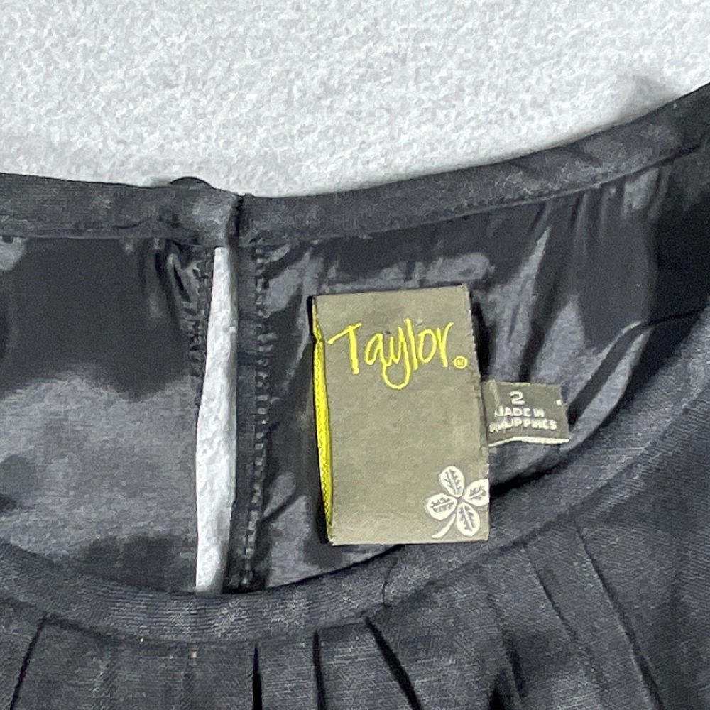 Taylor Nordstrom Linen Shift Dress Women Size 2 Ruffle Black Minimalist - Picture 4 of 15